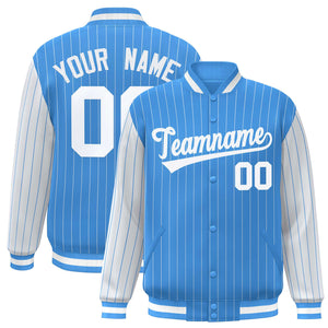 Custom Powder Blue White Raglan Sleeves Varsity Full-Snap Pinstripe Letterman Baseball Jacket