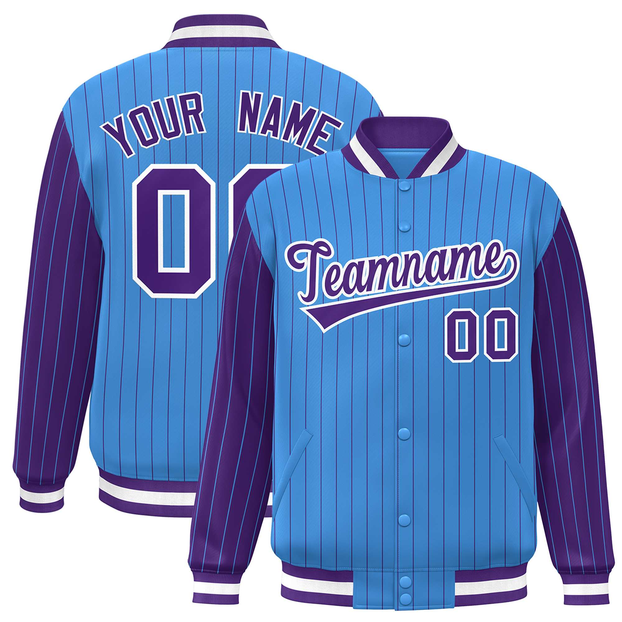 Custom Powder Blue Purple Raglan Sleeves Varsity Full-Snap Pinstripe Letterman Baseball Jacket