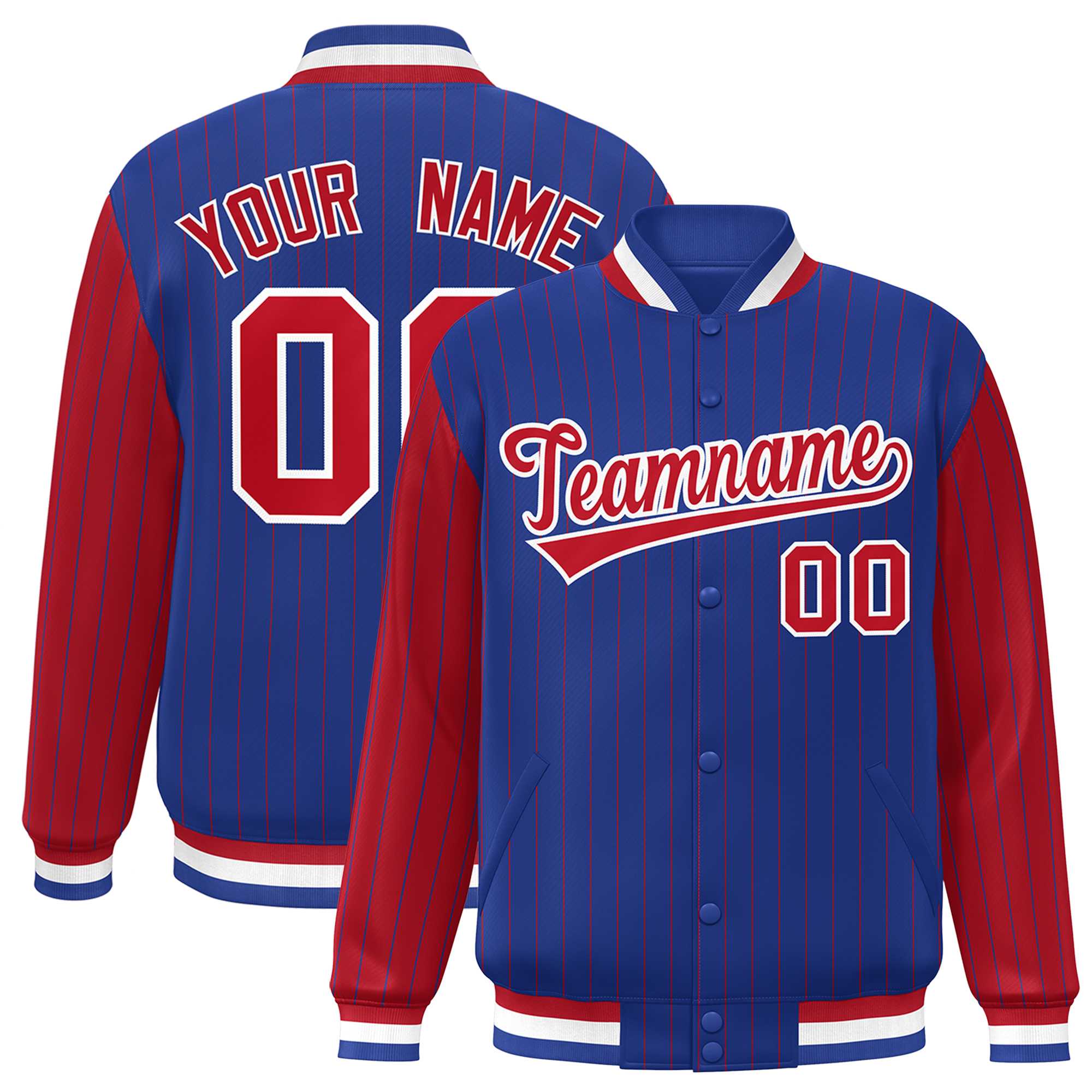 Custom Royal Red Raglan Sleeves Varsity Full-Snap Pinstripe Letterman Baseball Jacket