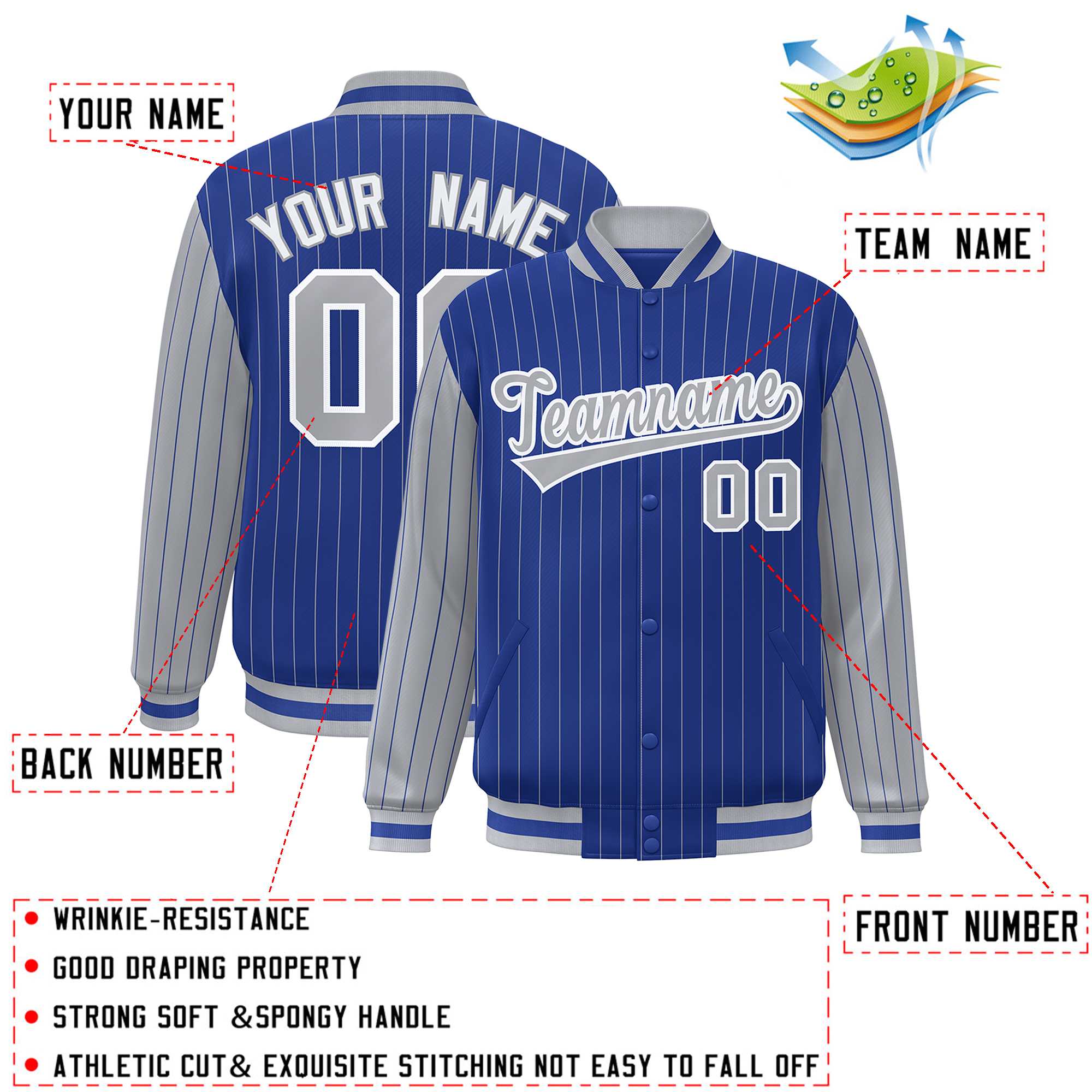 Custom Royal Gray Raglan Sleeves Varsity Full-Snap Pinstripe Letterman Baseball Jacket