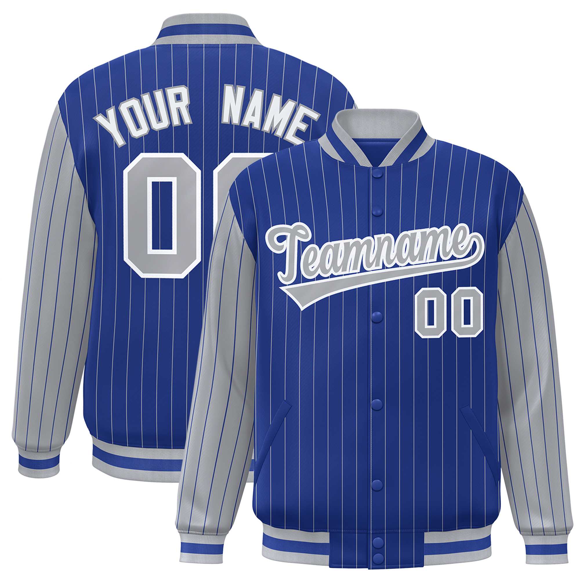 Custom Royal Gray Raglan Sleeves Varsity Full-Snap Pinstripe Letterman Baseball Jacket