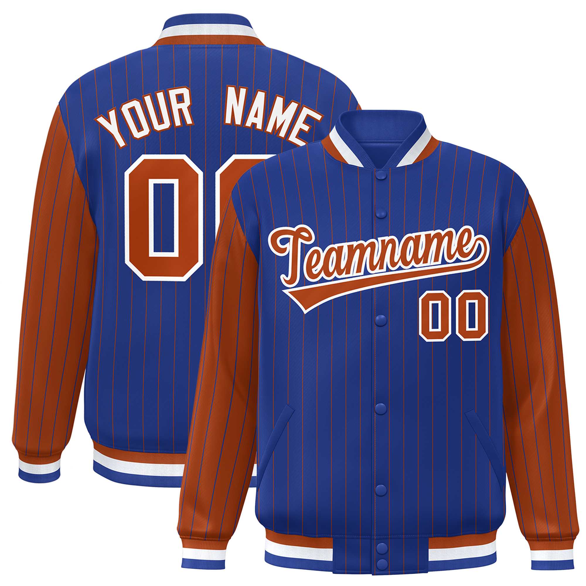 Custom Royal Texas Orange Raglan Sleeves Varsity Full-Snap Pinstripe Letterman Baseball Jacket