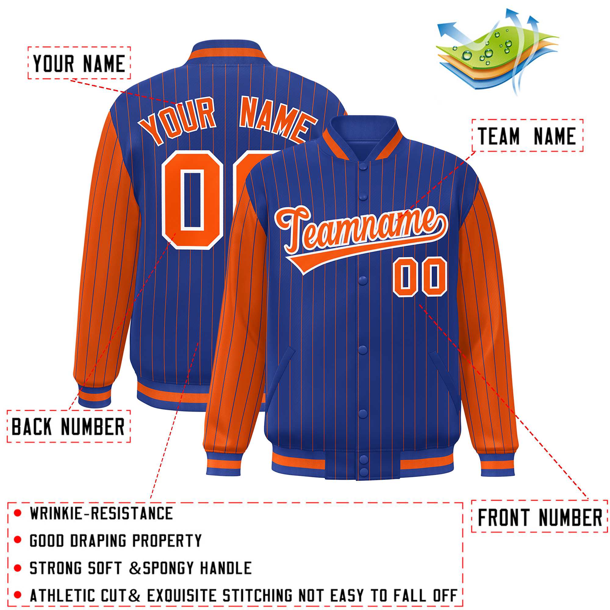 Custom Royal Orange Raglan Sleeves Varsity Full-Snap Pinstripe Letterman Baseball Jacket