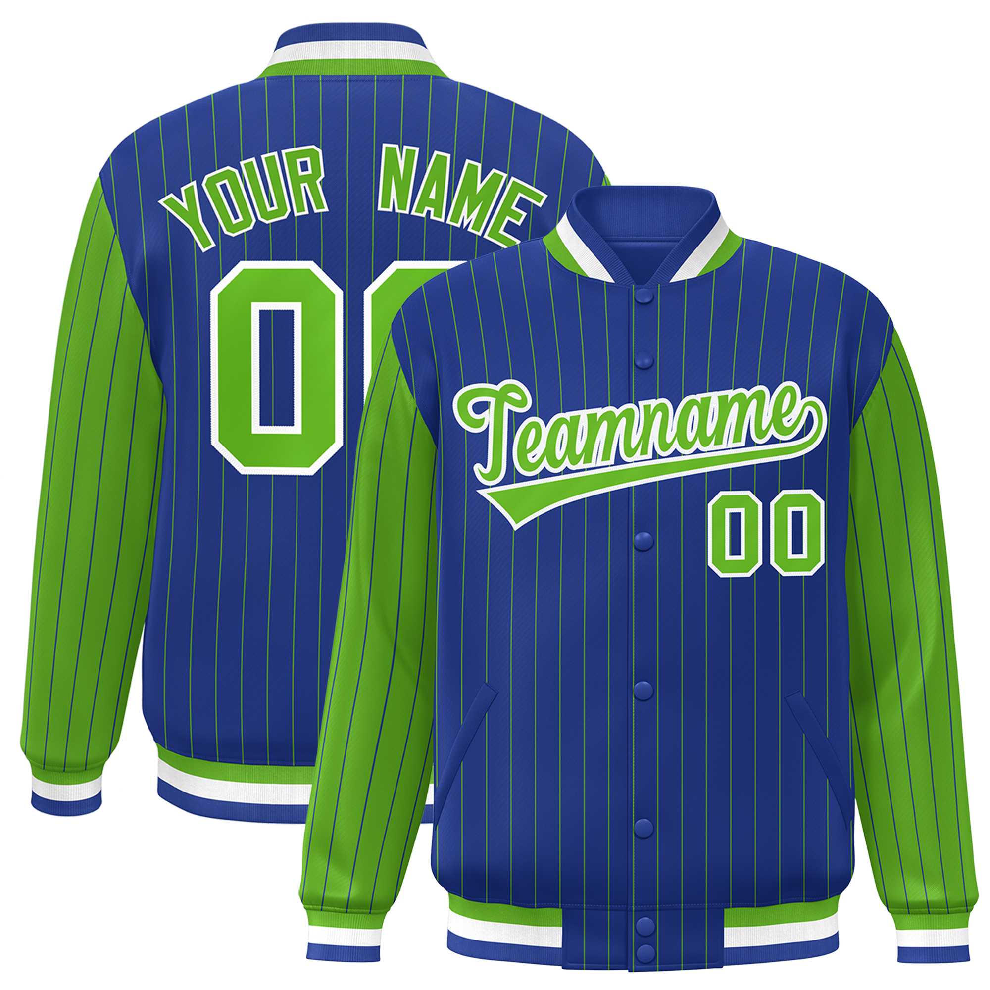 Custom Royal Green Raglan Sleeves Varsity Full-Snap Pinstripe Letterman Baseball Jacket