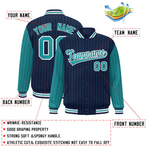 Custom Navy Aqua Raglan Sleeves Varsity Full-Snap Pinstripe Letterman Baseball Jacket