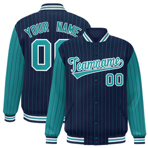 Custom Navy Aqua Raglan Sleeves Varsity Full-Snap Pinstripe Letterman Baseball Jacket