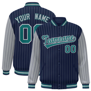 Custom Navy Gray Raglan Sleeves Varsity Full-Snap Pinstripe Letterman Baseball Jacket