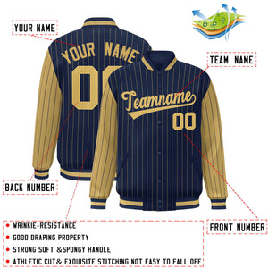 Custom Navy Old Gold Raglan Sleeves Varsity Full-Snap Pinstripe Letterman Baseball Jacket