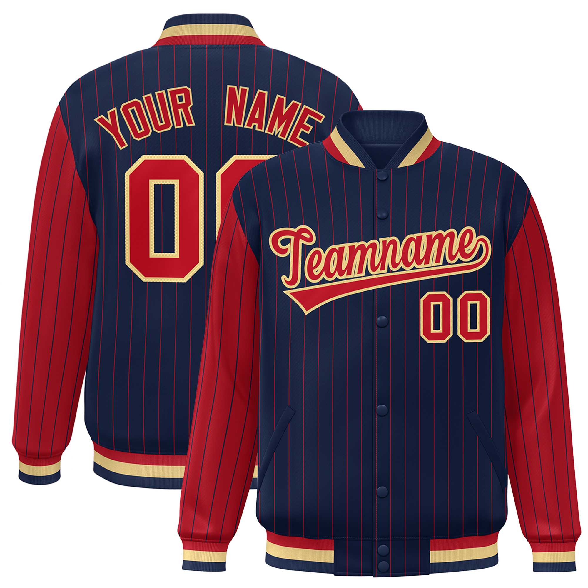 Custom Navy Red Raglan Sleeves Varsity Full-Snap Pinstripe Letterman Baseball Jacket