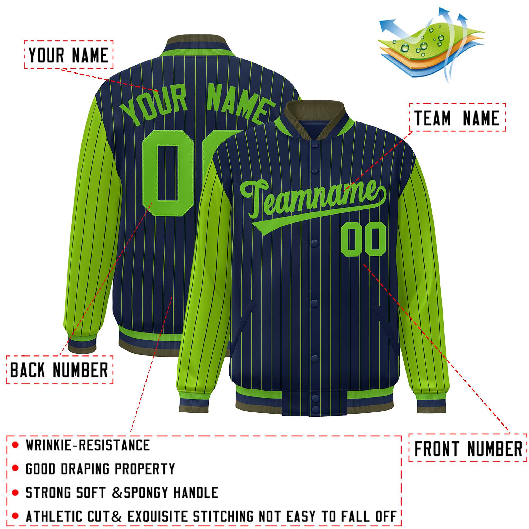 Custom Navy Green Raglan Sleeves Varsity Full-Snap Pinstripe Letterman Baseball Jacket