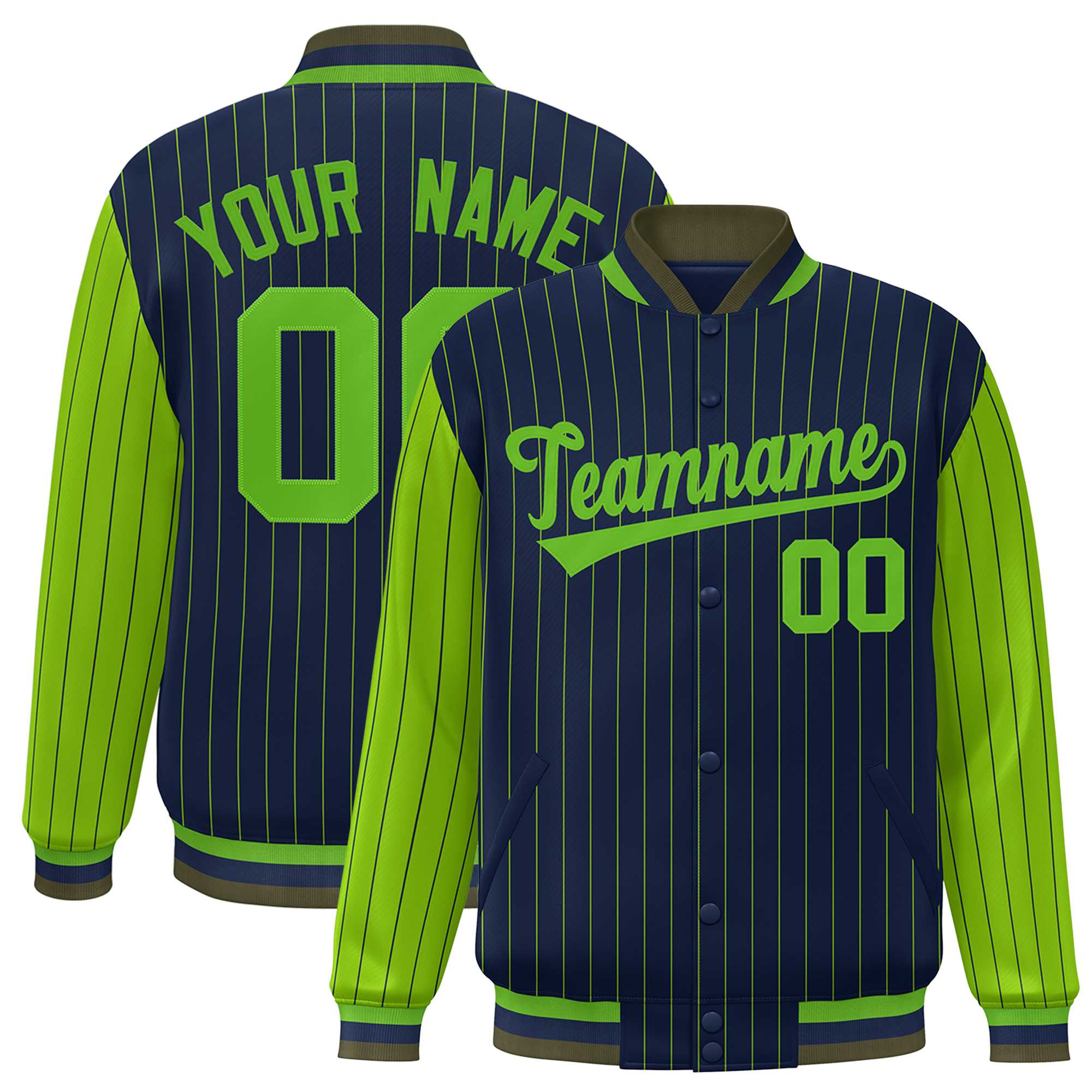 Custom Navy Green Raglan Sleeves Varsity Full-Snap Pinstripe Letterman Baseball Jacket