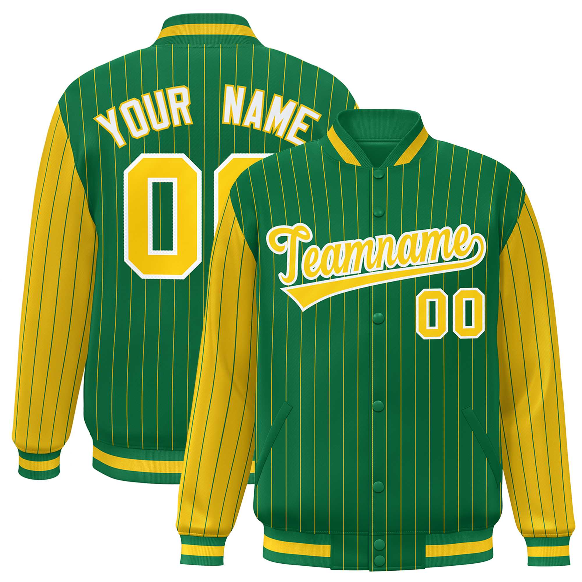 Custom Kelly Green Gold Raglan Sleeves Varsity Full-Snap Pinstripe Letterman Baseball Jacket