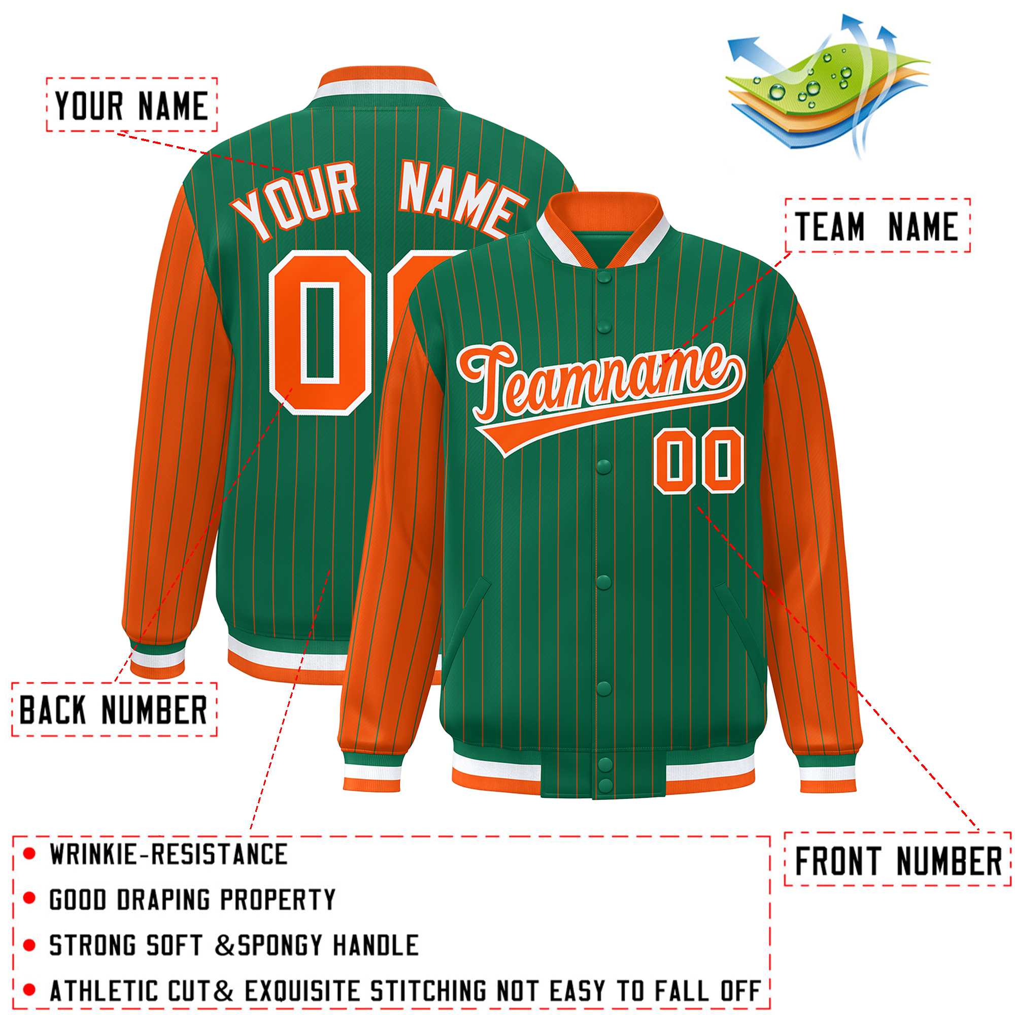 Custom Kelly Green Orange Raglan Sleeves Varsity Full-Snap Pinstripe Letterman Baseball Jacket