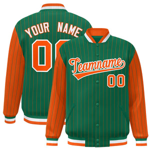 Custom Kelly Green Orange Raglan Sleeves Varsity Full-Snap Pinstripe Letterman Baseball Jacket