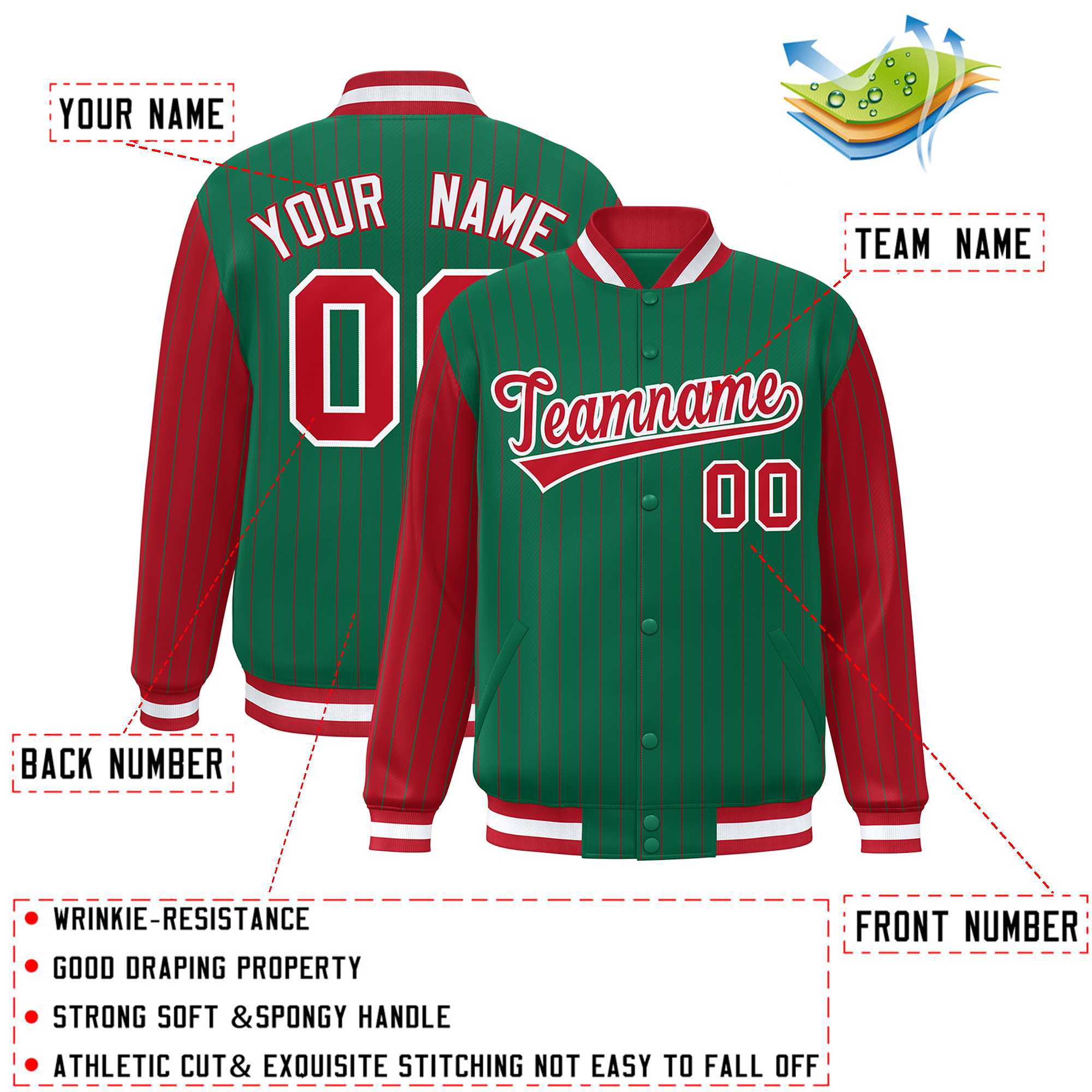 Custom Kelly Green Red Raglan Sleeves Varsity Full-Snap Pinstripe Letterman Baseball Jacket