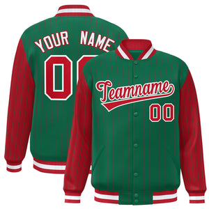 Custom Kelly Green Red Raglan Sleeves Varsity Full-Snap Pinstripe Letterman Baseball Jacket