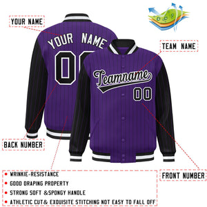 Custom Purple Black Raglan Sleeves Varsity Full-Snap Pinstripe Letterman Baseball Jacket