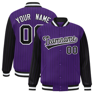 Custom Purple Black Raglan Sleeves Varsity Full-Snap Pinstripe Letterman Baseball Jacket