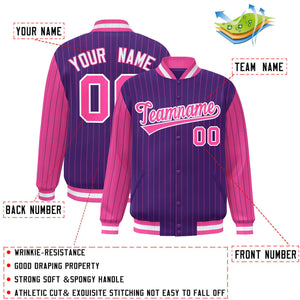 Custom Purple Pink Raglan Sleeves Varsity Full-Snap Pinstripe Letterman Baseball Jacket