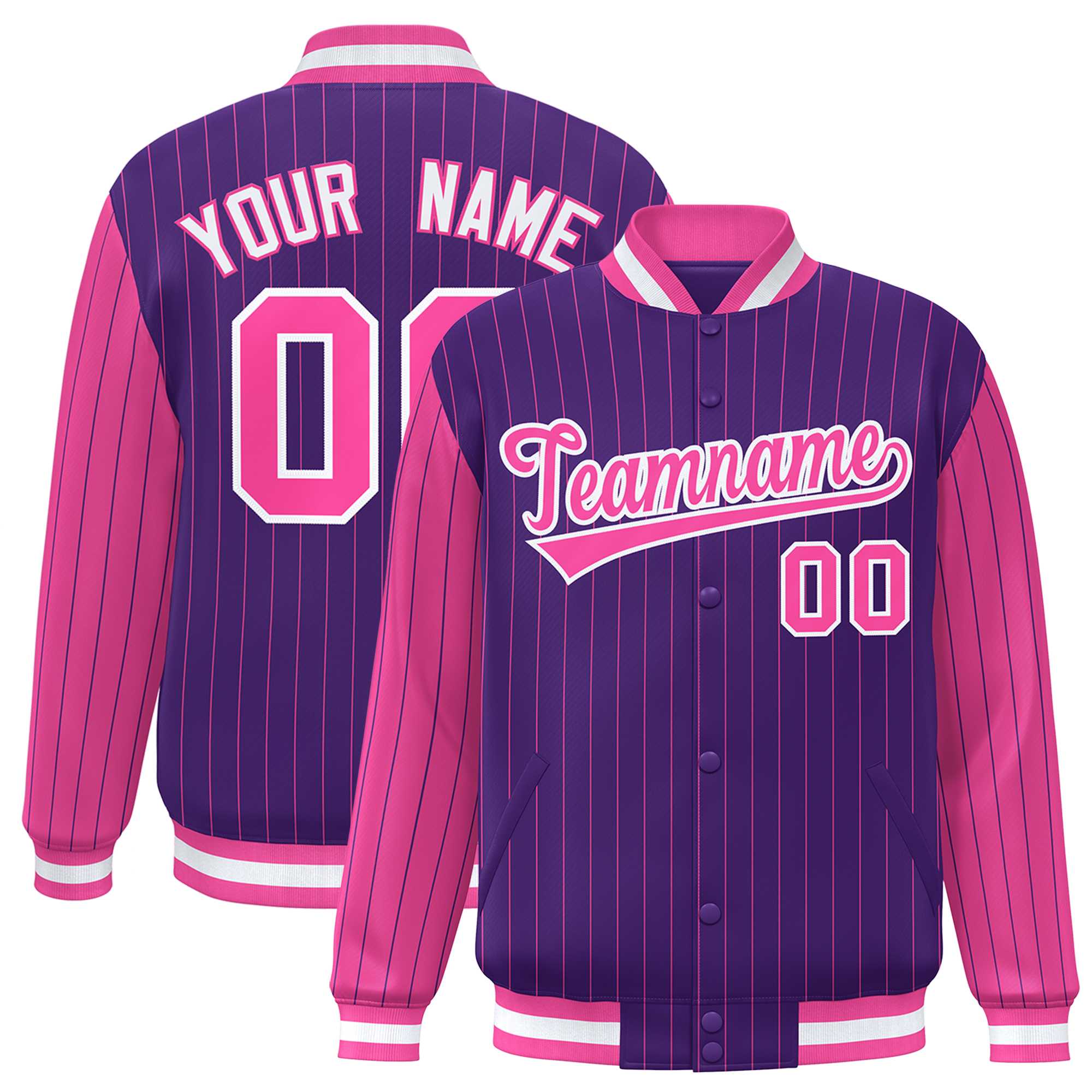 Custom Purple Pink Raglan Sleeves Varsity Full-Snap Pinstripe Letterman Baseball Jacket