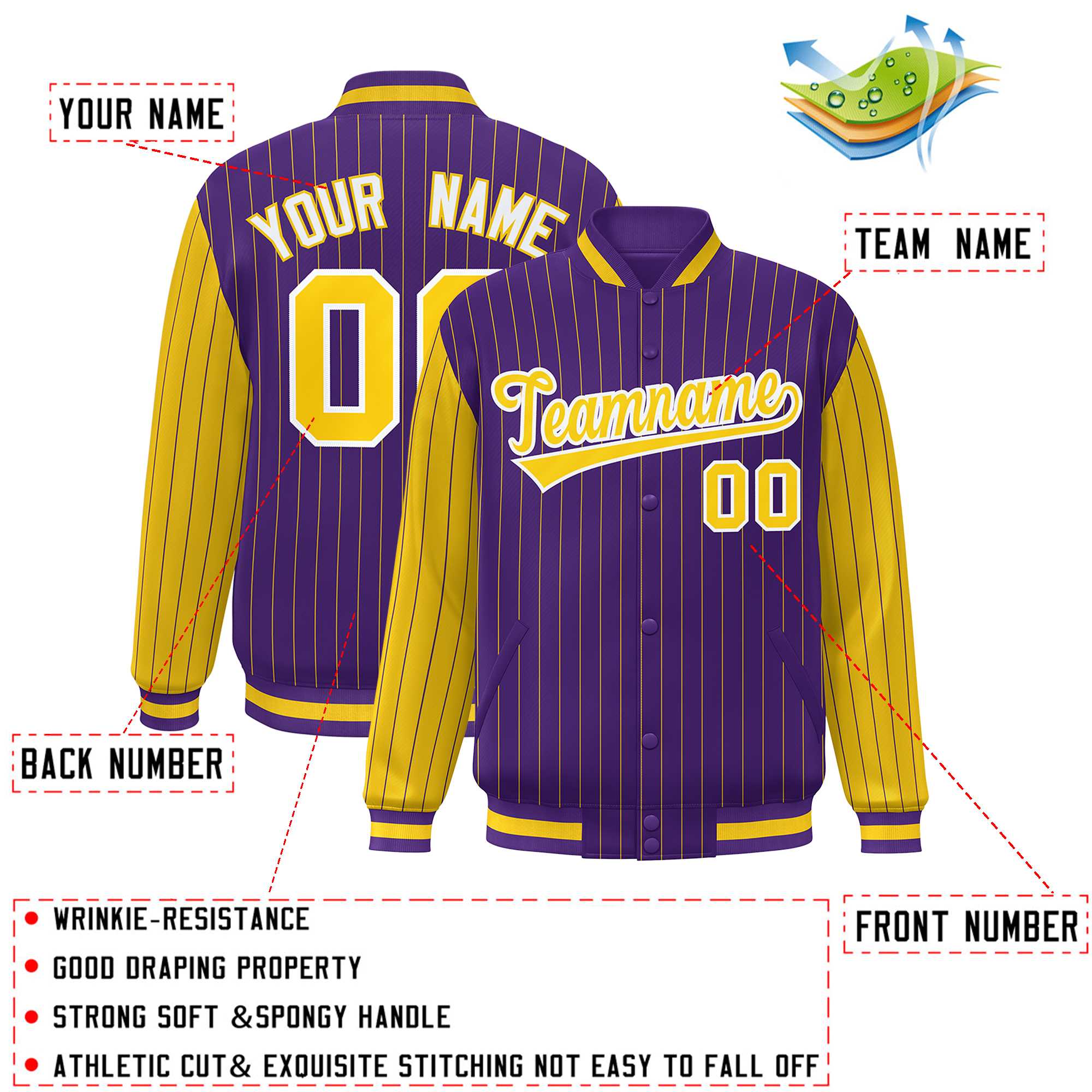 Custom Purple Gold Raglan Sleeves Varsity Full-Snap Pinstripe Letterman Baseball Jacket