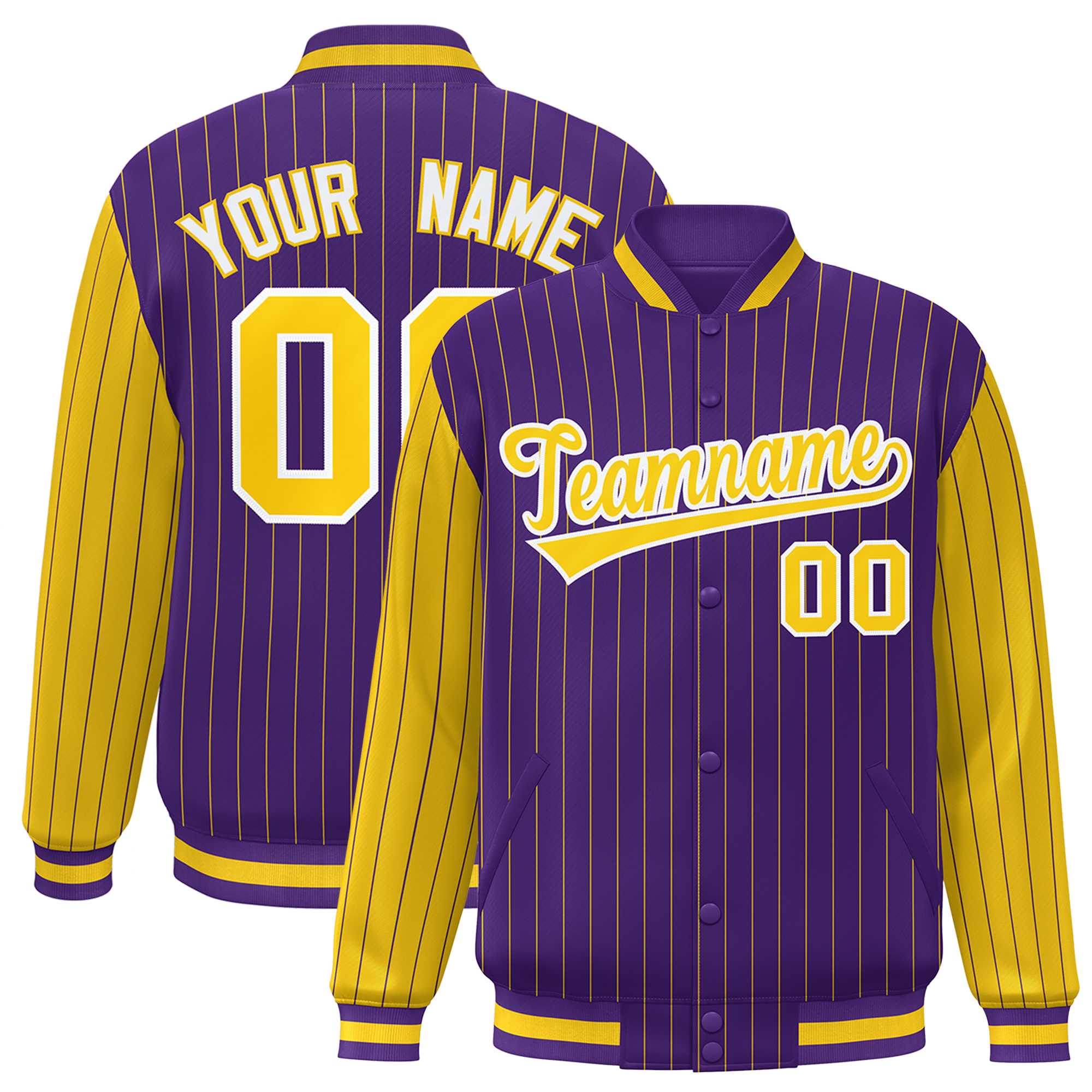 Custom Purple Gold Raglan Sleeves Varsity Full-Snap Pinstripe Letterman Baseball Jacket