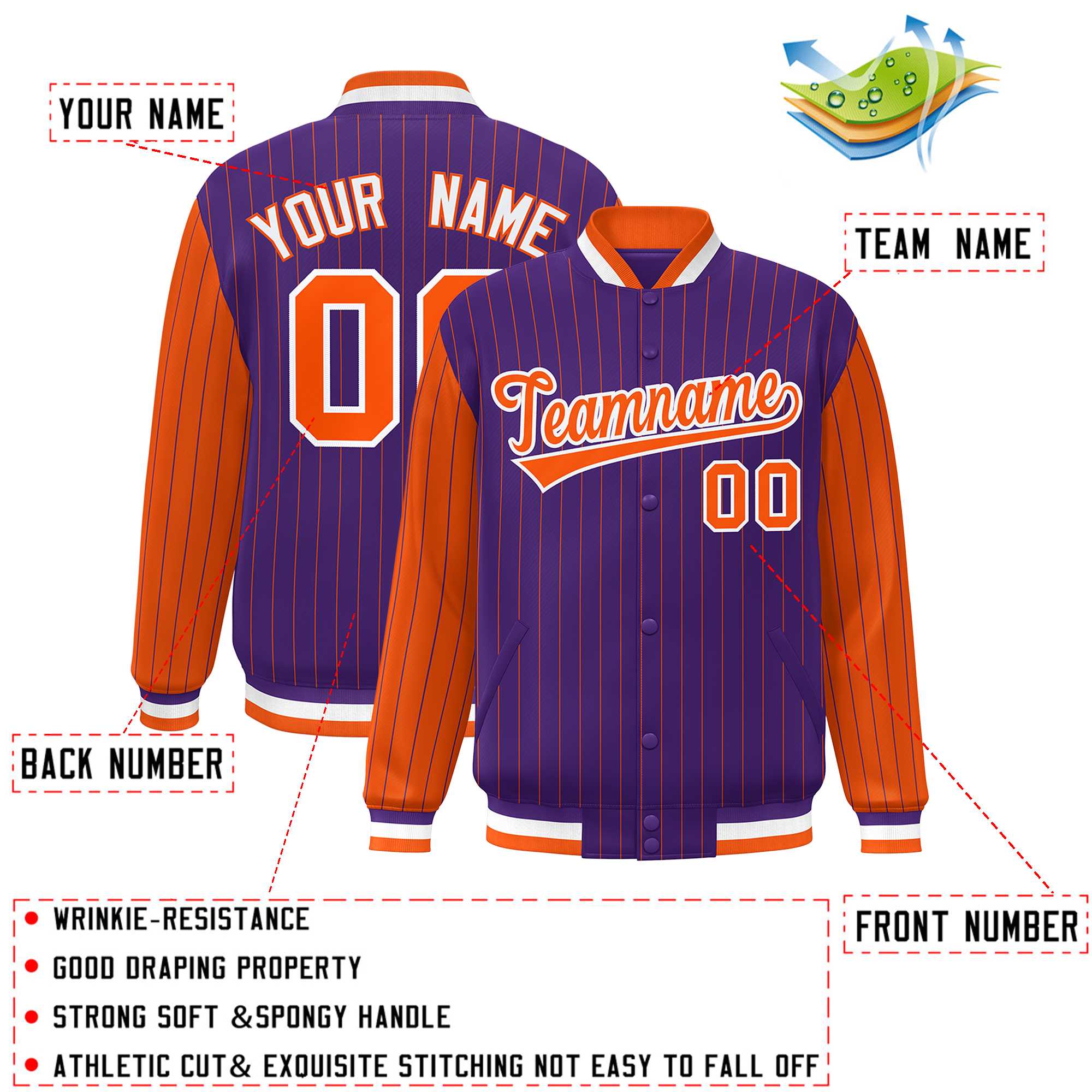 Custom Purple Orange Raglan Sleeves Varsity Full-Snap Pinstripe Letterman Baseball Jacket