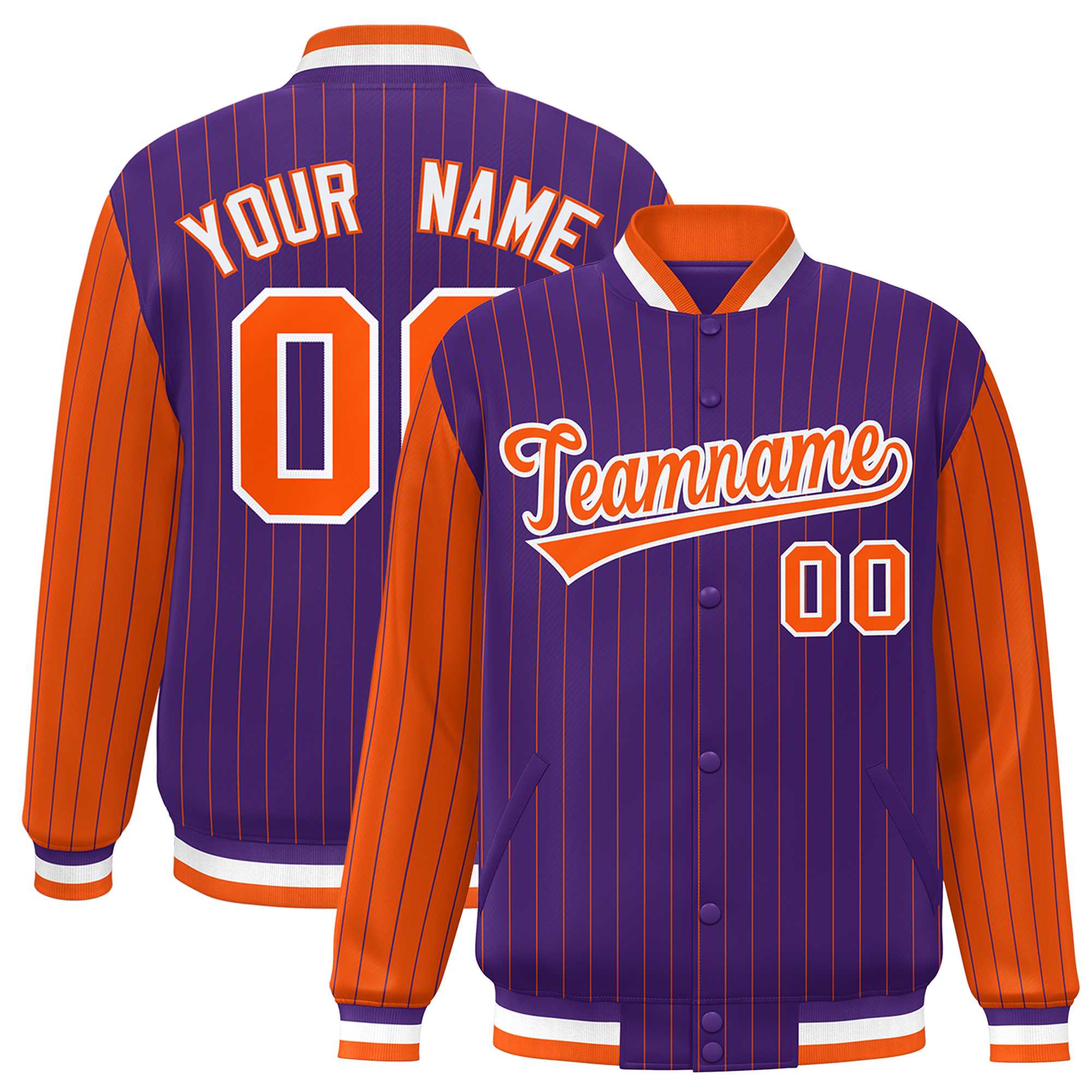 Custom Purple Orange Raglan Sleeves Varsity Full-Snap Pinstripe Letterman Baseball Jacket