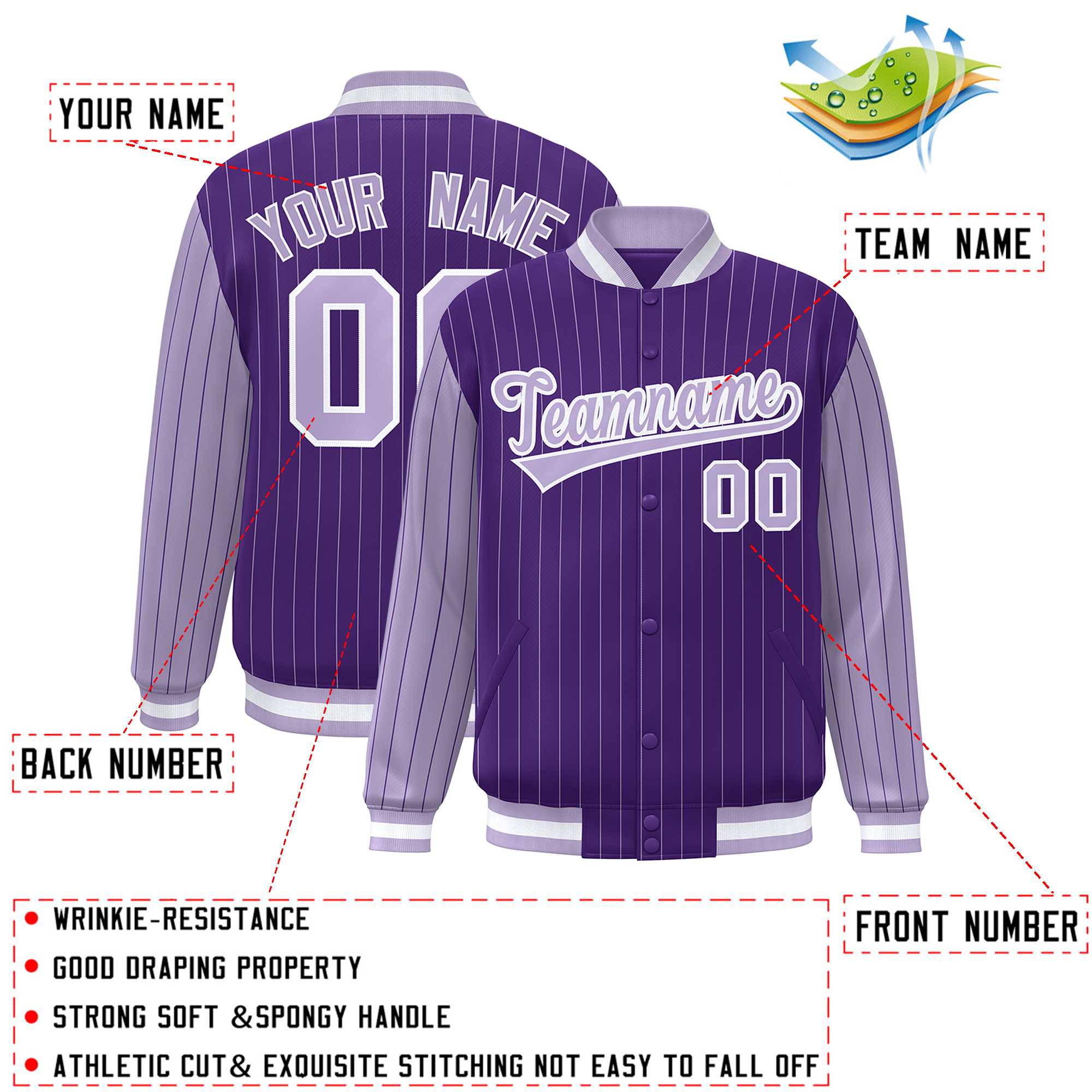 Custom Purple Light Purple Raglan Sleeves Varsity Full-Snap Pinstripe Letterman Baseball Jacket