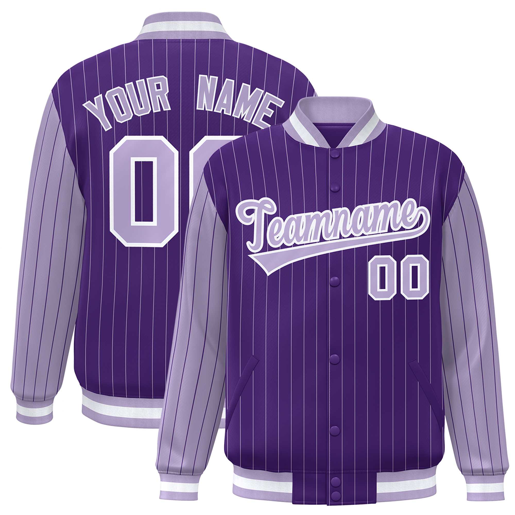 Custom Purple Light Purple Raglan Sleeves Varsity Full-Snap Pinstripe Letterman Baseball Jacket