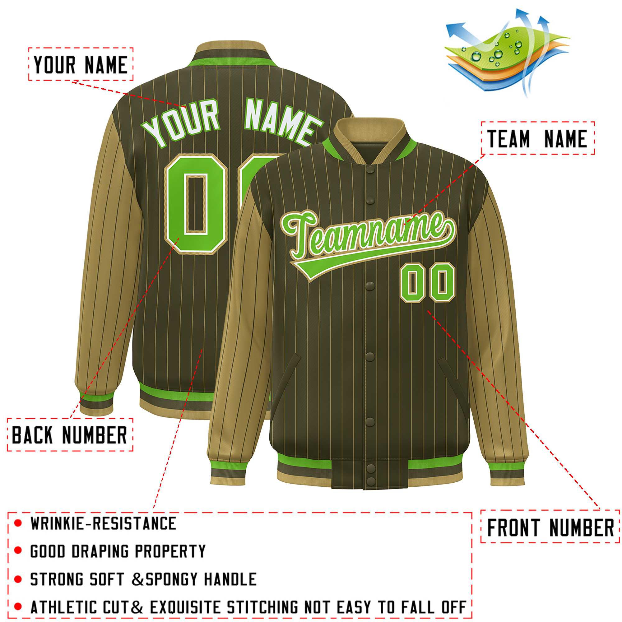 Custom Green Desert Yellow Raglan Sleeves Varsity Full-Snap Pinstripe Letterman Baseball Jacket