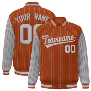 Custom Texas Orange Gray Raglan Sleeves Varsity Full-Snap Pinstripe Letterman Baseball Jacket