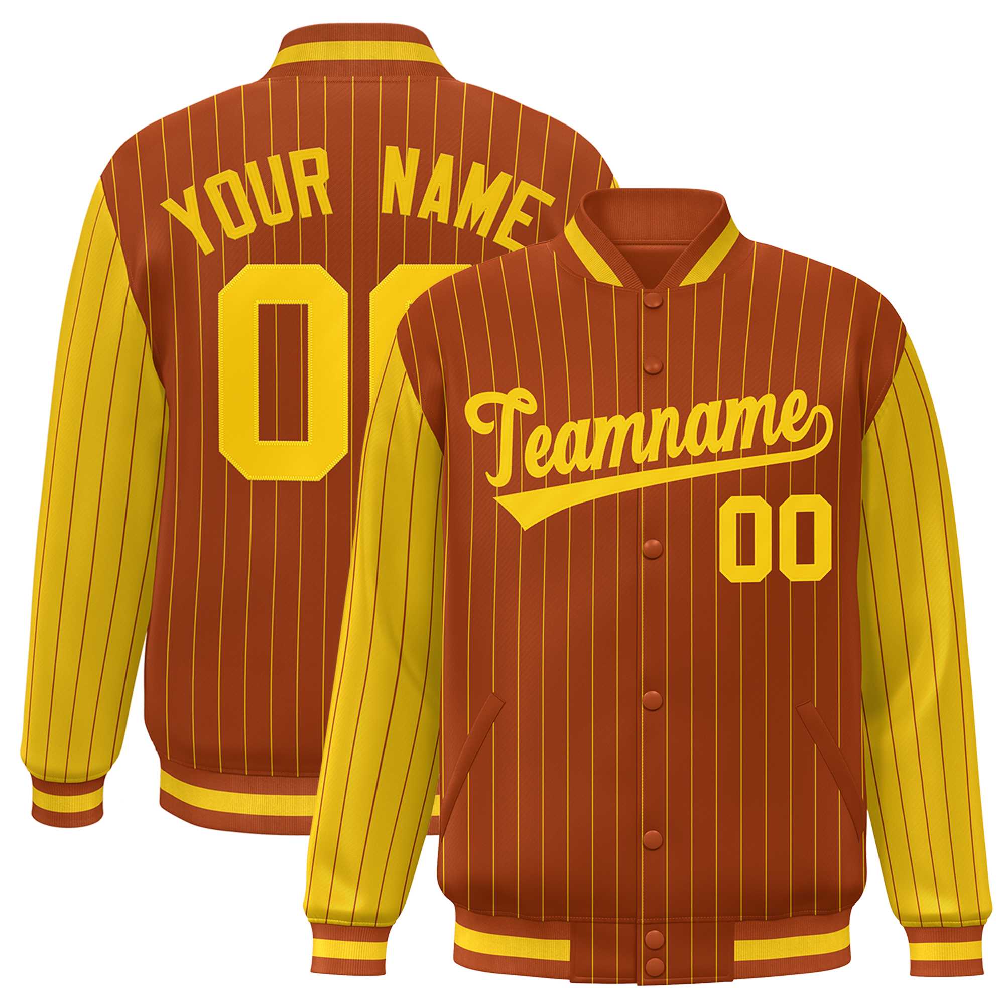 Custom Texas Orange Gold Raglan Sleeves Varsity Full-Snap Pinstripe Letterman Baseball Jacket