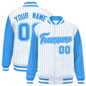 Custom White Powder Blue Raglan Sleeves Varsity Full-Snap Pinstripe Letterman Baseball Jacket