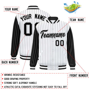 Custom White Black Raglan Sleeves Varsity Full-Snap Pinstripe Letterman Baseball Jacket