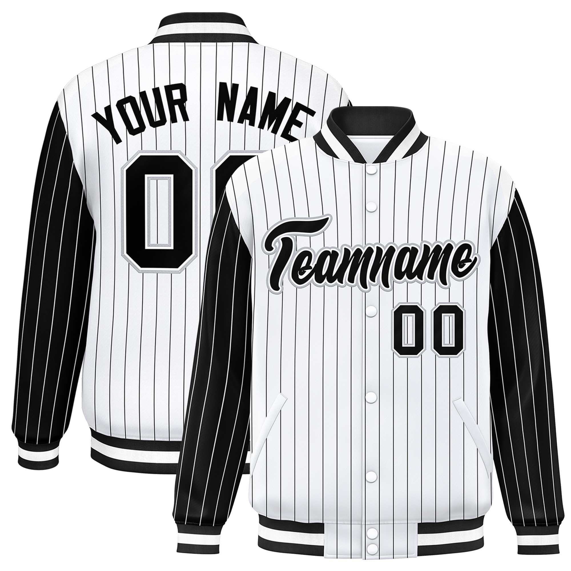 Custom White Black Raglan Sleeves Varsity Full-Snap Pinstripe Letterman Baseball Jacket