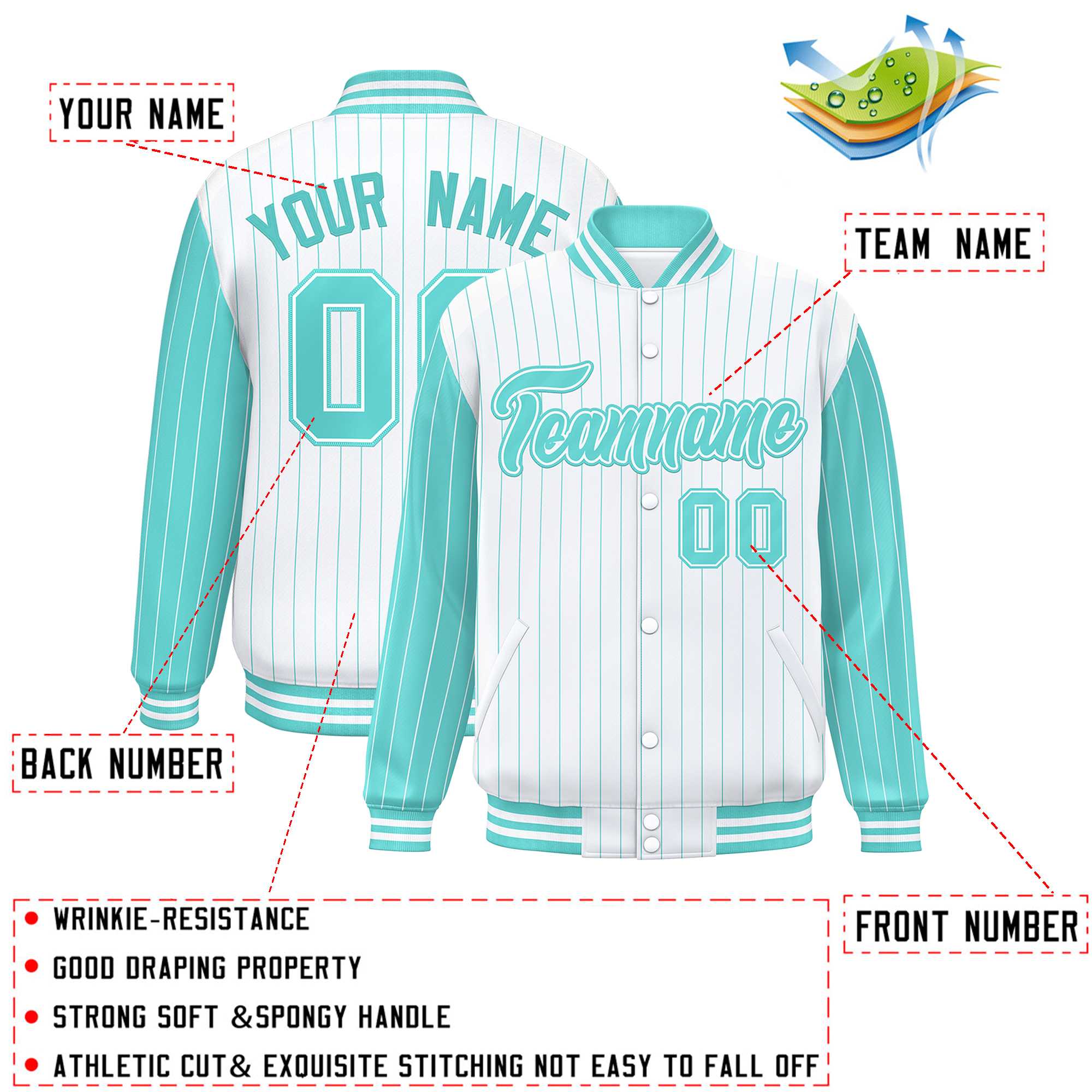 Custom White Bright Green Raglan Sleeves Varsity Full-Snap Pinstripe Letterman Baseball Jacket