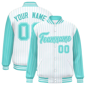 Custom White Bright Green Raglan Sleeves Varsity Full-Snap Pinstripe Letterman Baseball Jacket