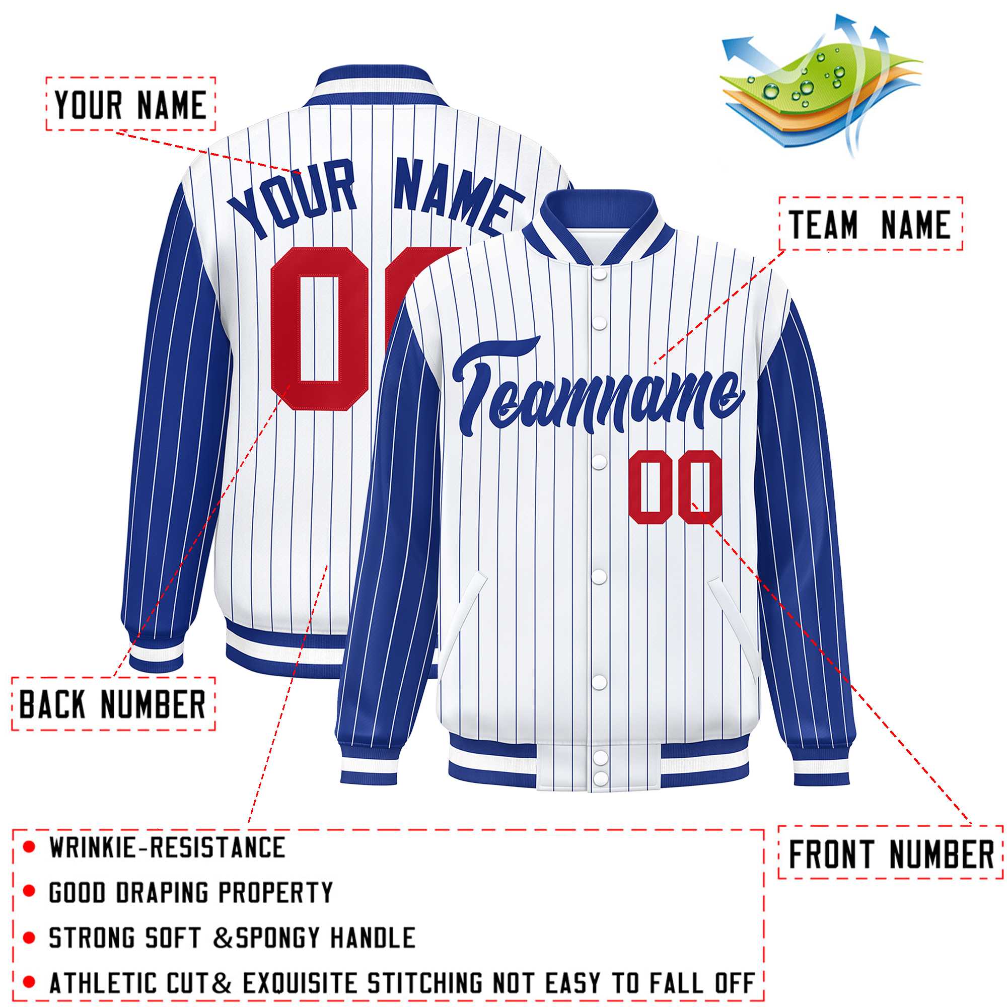 Custom White Royal Raglan Sleeves Varsity Full-Snap Pinstripe Letterman Baseball Jacket