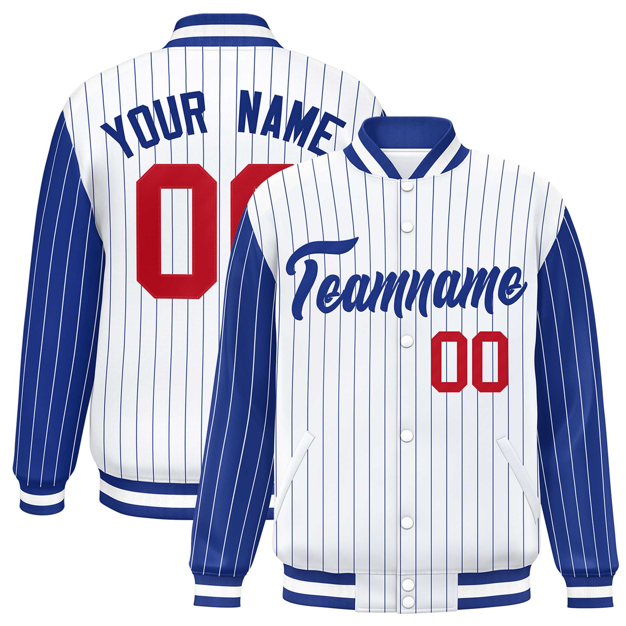 Custom White Royal Raglan Sleeves Varsity Full-Snap Pinstripe Letterman Baseball Jacket