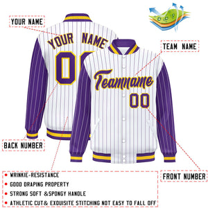 Custom White Purple Raglan Sleeves Varsity Full-Snap Pinstripe Letterman Baseball Jacket