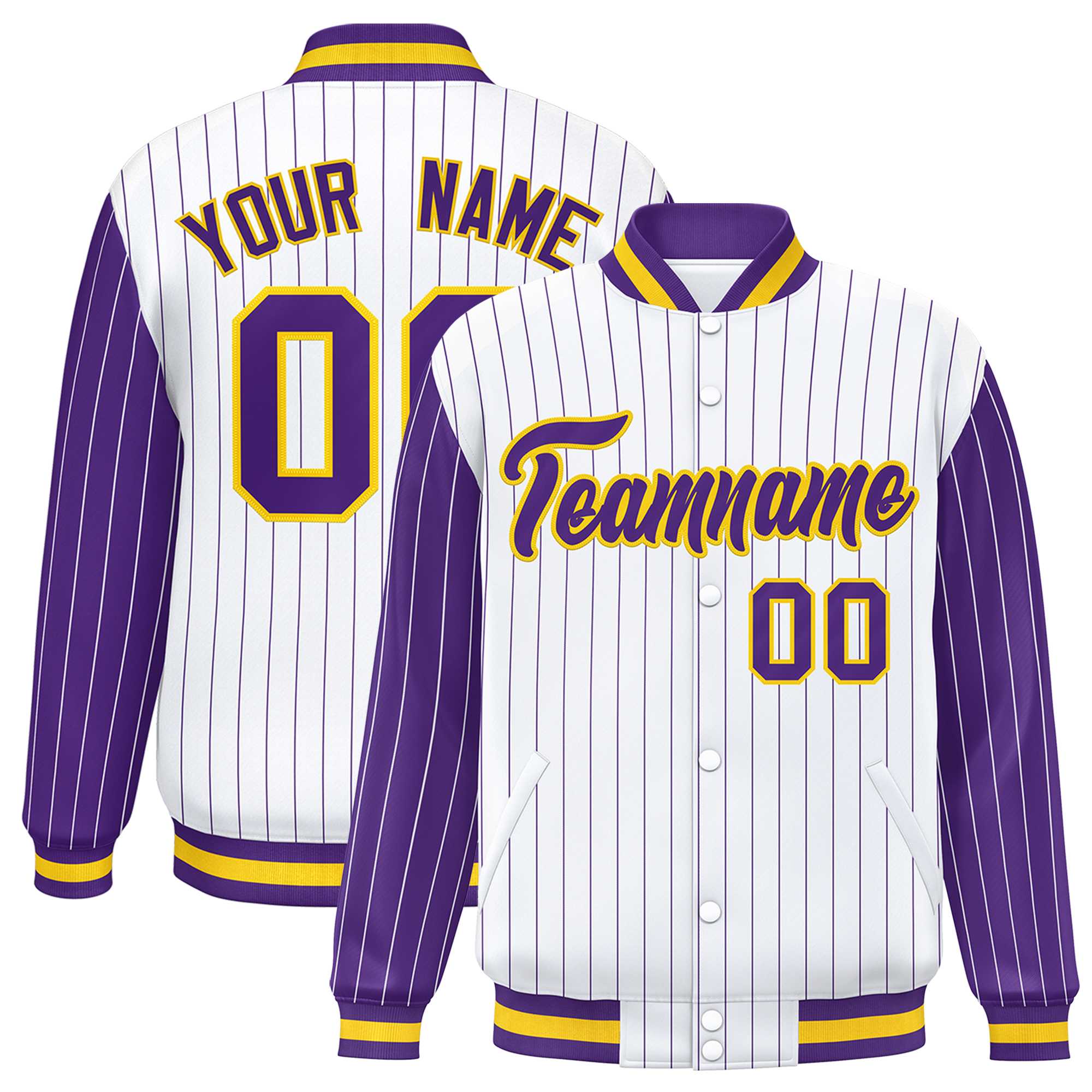 Custom White Purple Raglan Sleeves Varsity Full-Snap Pinstripe Letterman Baseball Jacket