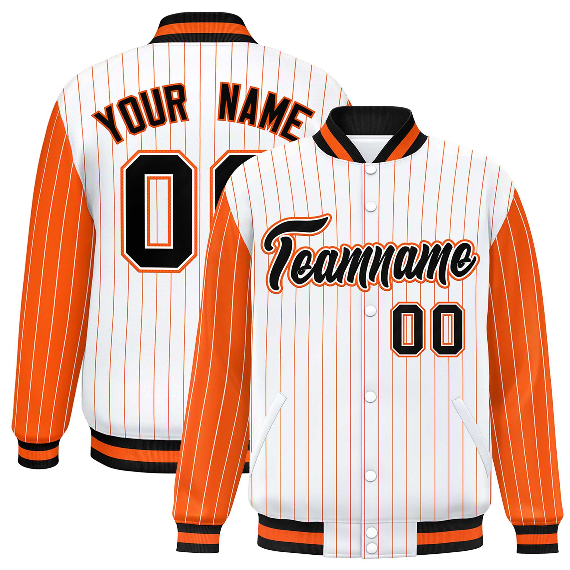 Custom White Orange Raglan Sleeves Varsity Full-Snap Pinstripe Letterman Baseball Jacket