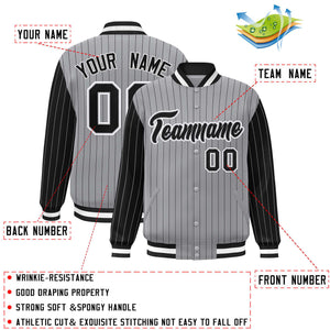 Custom Gray Black Raglan Sleeves Varsity Full-Snap Pinstripe Letterman Baseball Jacket