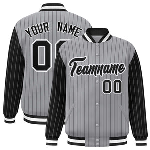 Custom Gray Black Raglan Sleeves Varsity Full-Snap Pinstripe Letterman Baseball Jacket