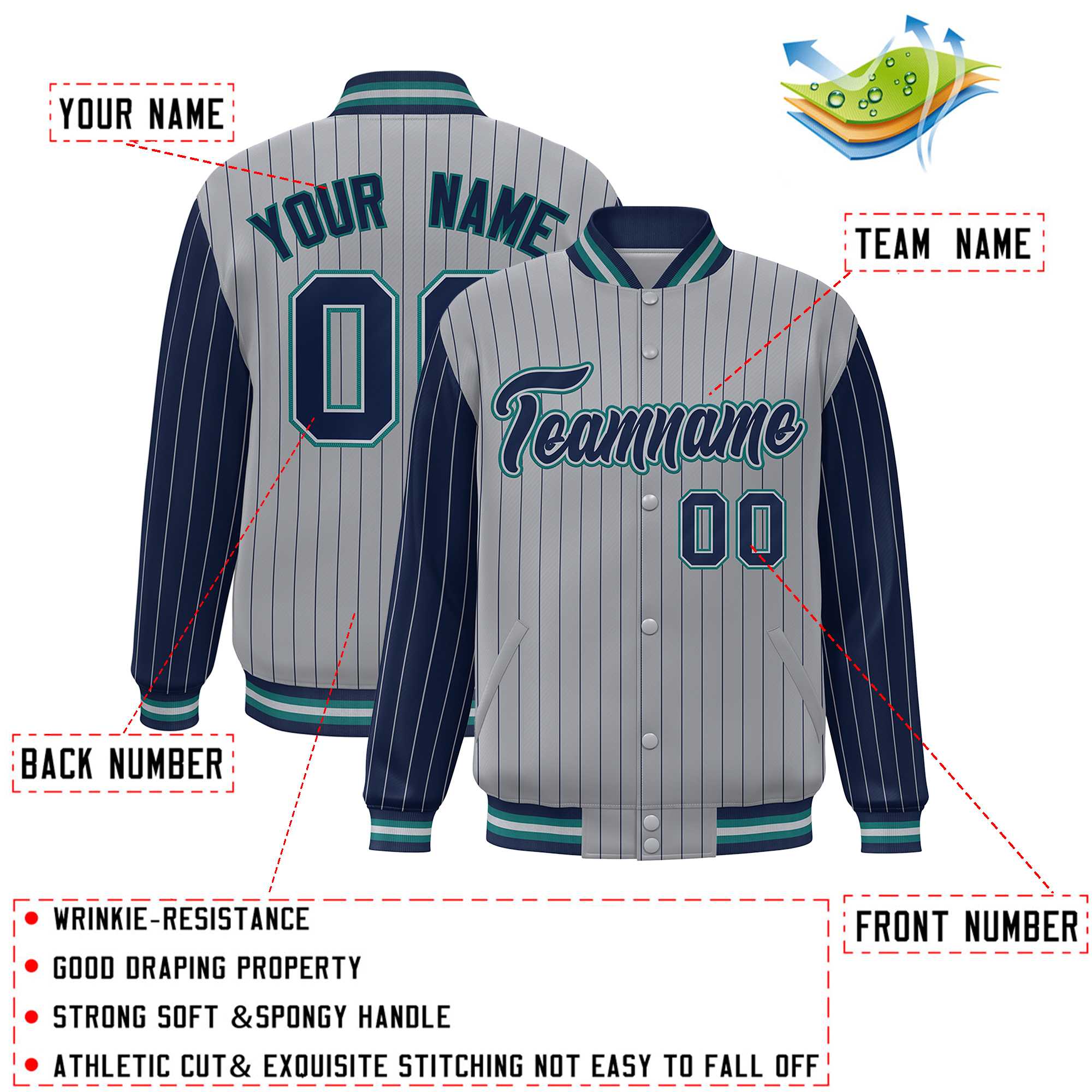 Custom Gray Navy Raglan Sleeves Varsity Full-Snap Pinstripe Letterman Baseball Jacket