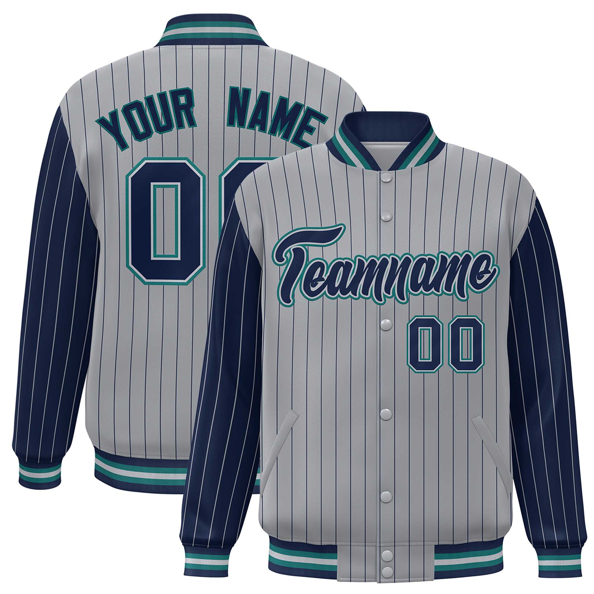 Custom Gray Navy Raglan Sleeves Varsity Full-Snap Pinstripe Letterman Baseball Jacket