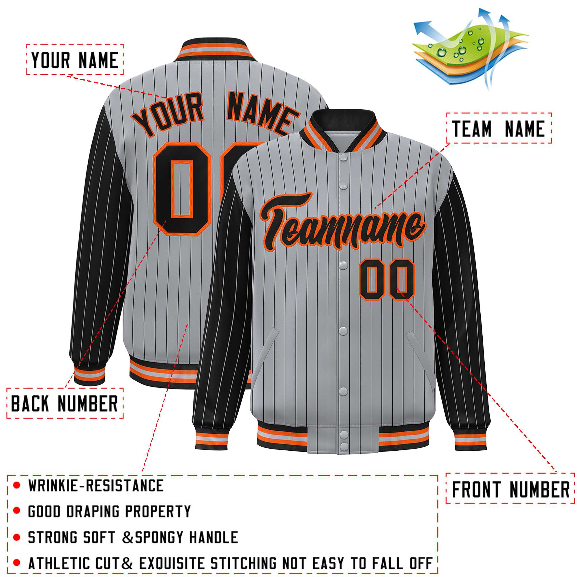 Custom Gray Black Raglan Sleeves Varsity Full-Snap Pinstripe Letterman Baseball Jacket