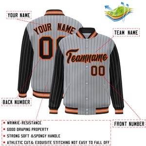 Custom Gray Black Raglan Sleeves Varsity Full-Snap Pinstripe Letterman Baseball Jacket