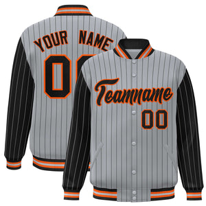 Custom Gray Black Raglan Sleeves Varsity Full-Snap Pinstripe Letterman Baseball Jacket